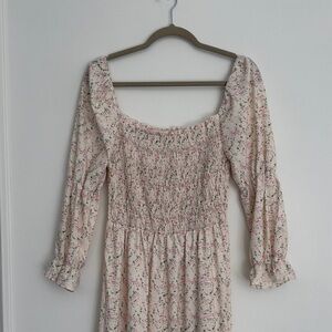 Smocked Floral Square-Neck Midi Dress - Pink